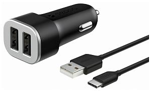 Зарядное устройство Deppa АЗУ 2 USB 2.4А + кабель USB Type-C, черный, Deppa