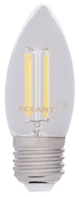 Лампа филаментная REXANT Свеча CN35 7.5 Вт 600 Лм 4000K E27 диммируемая, прозрачная колба