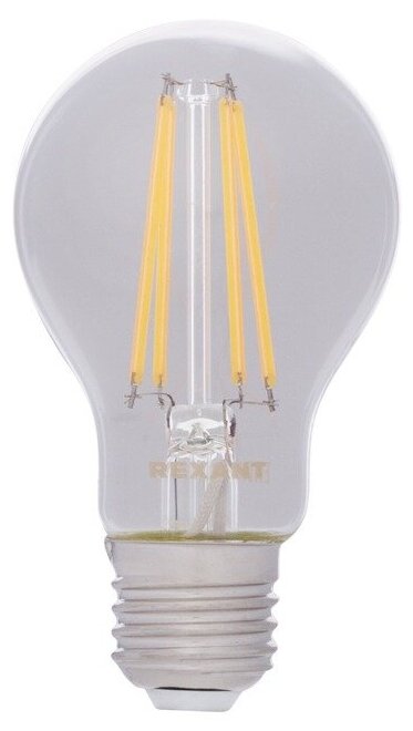 Филаментная лампочка REXANT А60 7.5 Вт 750 Лм 2700 K E27 прозрачная