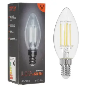 Лампа филаментная REXANT Свеча CN35 7.5 Вт 600 Лм 4000K E14 прозрачная колба