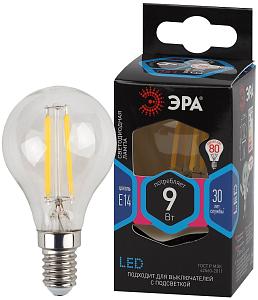 Лампа F-LED P45-9w-840-E14 ЭРА (филамент, шар, 9Вт, нейтр, E14) (10/100/4000)